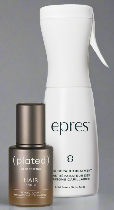 Two hair care products, a serum bottle and a repair treatment bottle, on a light beige background with 'epres' branding.